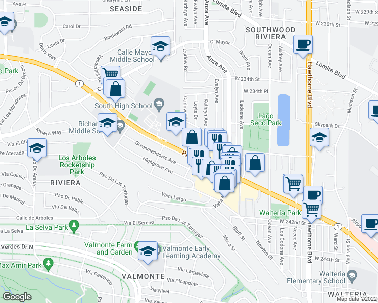 map of restaurants, bars, coffee shops, grocery stores, and more near 4475 Pacific Coast Highway in Torrance