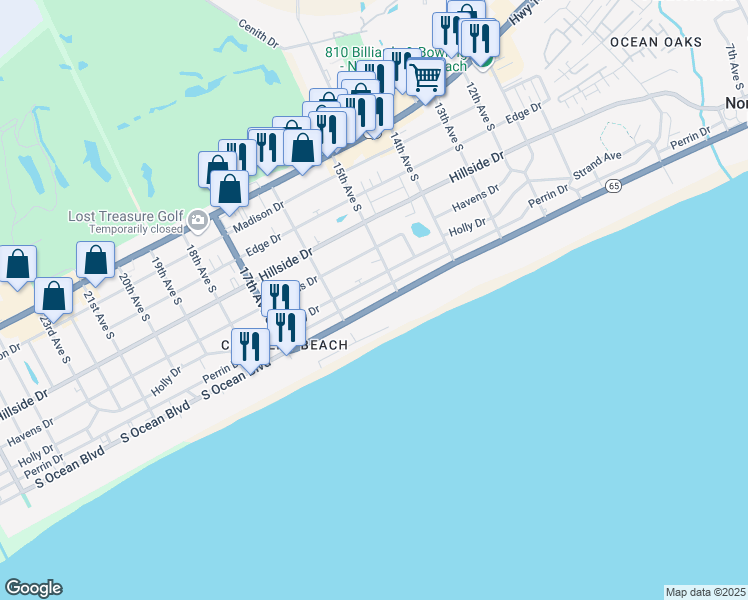 map of restaurants, bars, coffee shops, grocery stores, and more near 1510 Holly Drive in North Myrtle Beach