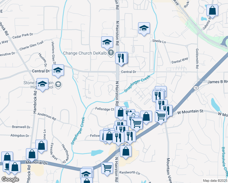 map of restaurants, bars, coffee shops, grocery stores, and more near in DeKalb County