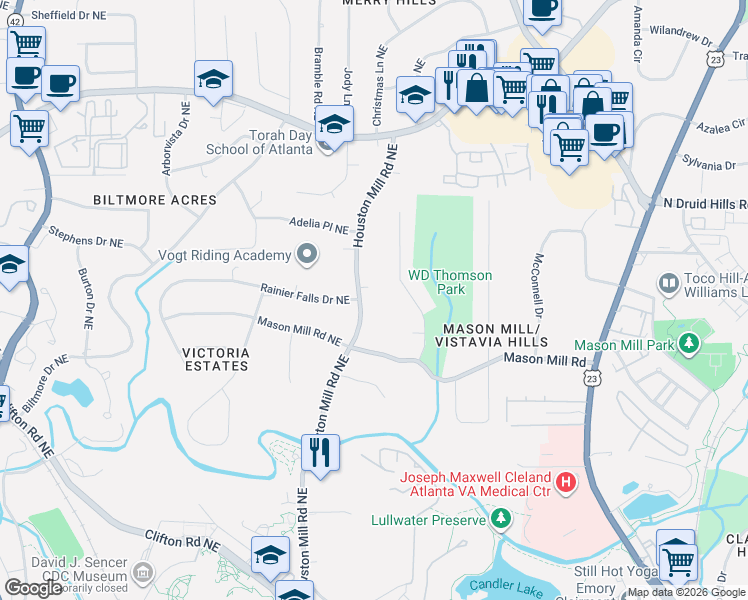 map of restaurants, bars, coffee shops, grocery stores, and more near 1690 Rosemont Place Northeast in Atlanta