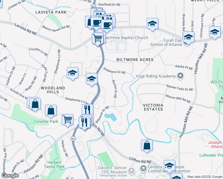 map of restaurants, bars, coffee shops, grocery stores, and more near 1050 Burton Drive Northeast in Atlanta