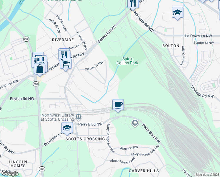 map of restaurants, bars, coffee shops, grocery stores, and more near 1937 Brantley Walk Lane in Atlanta