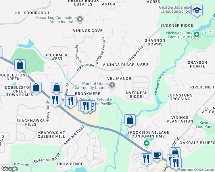 map of restaurants, bars, coffee shops, grocery stores, and more near 5883 Community Road Southeast in Mableton