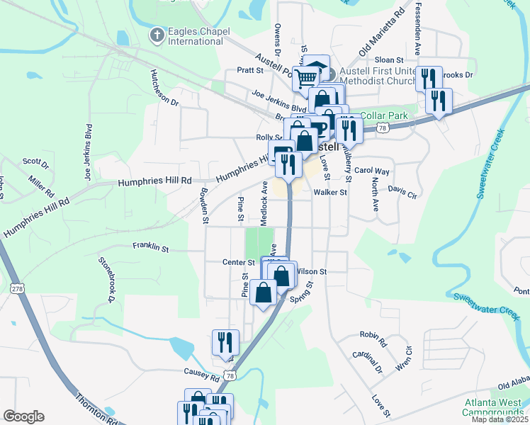map of restaurants, bars, coffee shops, grocery stores, and more near 2858 Rosehill Street in Austell