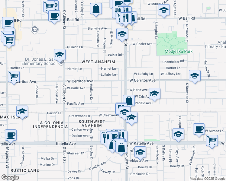 map of restaurants, bars, coffee shops, grocery stores, and more near 9921 West Harle Avenue in Anaheim