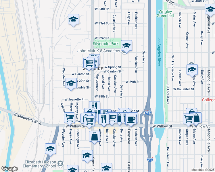 map of restaurants, bars, coffee shops, grocery stores, and more near 2912 Canal Avenue in Long Beach
