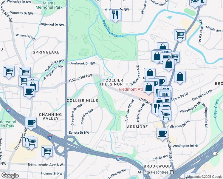 map of restaurants, bars, coffee shops, grocery stores, and more near 432 Collier Road Northwest in Atlanta