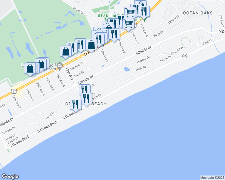 map of restaurants, bars, coffee shops, grocery stores, and more near 1511 Perrin Drive in North Myrtle Beach