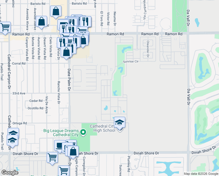 map of restaurants, bars, coffee shops, grocery stores, and more near Cocoplum Lane in Cathedral City