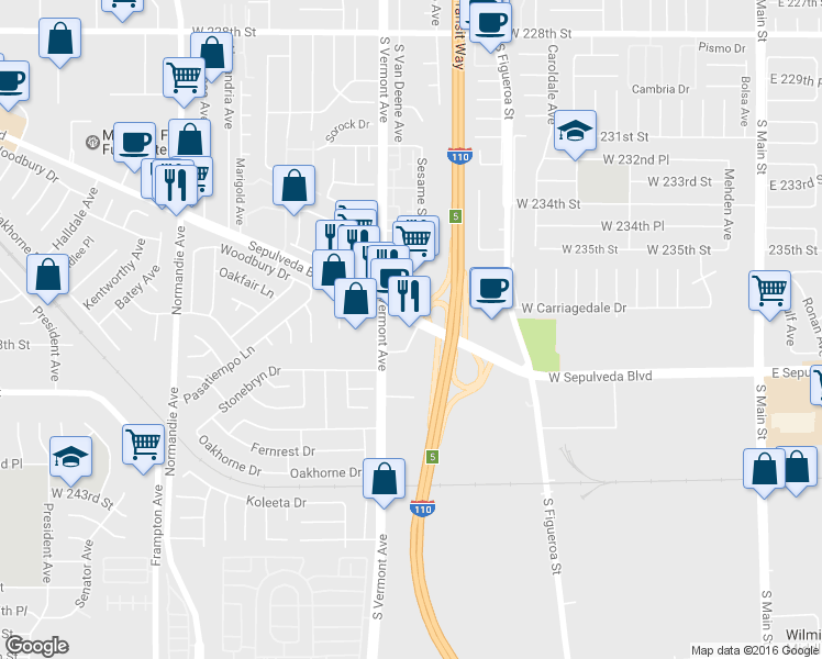 map of restaurants, bars, coffee shops, grocery stores, and more near 840 West Sepulveda Boulevard in West Carson