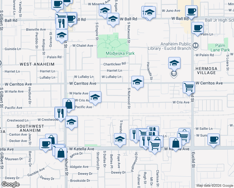 map of restaurants, bars, coffee shops, grocery stores, and more near 1931 West Sloop Avenue in Anaheim