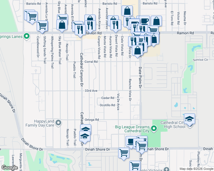 map of restaurants, bars, coffee shops, grocery stores, and more near 32820 Monte Vista Road in Cathedral City