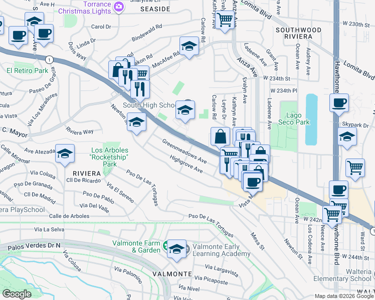 map of restaurants, bars, coffee shops, grocery stores, and more near 4613 California 1 in Torrance