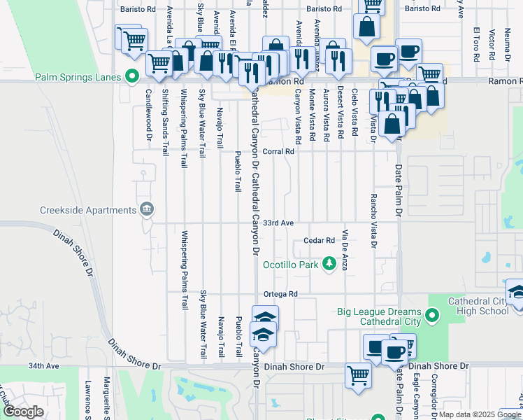 map of restaurants, bars, coffee shops, grocery stores, and more near 32970 Cathedral Canyon Drive in Cathedral City