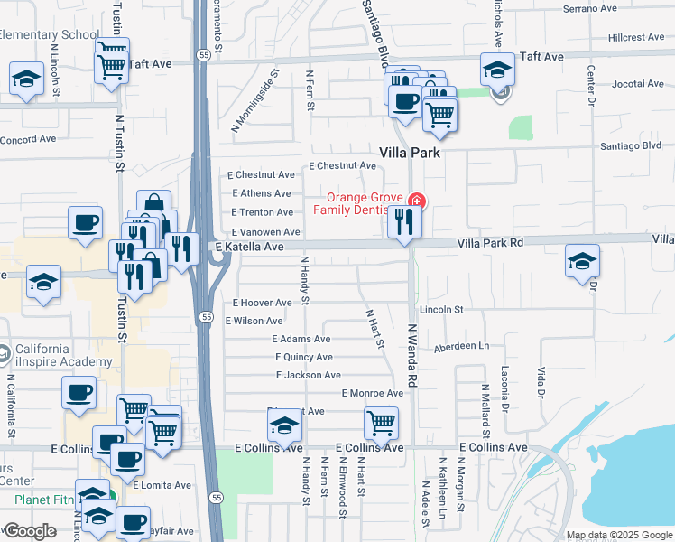 map of restaurants, bars, coffee shops, grocery stores, and more near 1327 North Reubens Circle in Orange