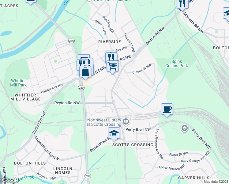 map of restaurants, bars, coffee shops, grocery stores, and more near 1994 Main Street Northwest in Atlanta