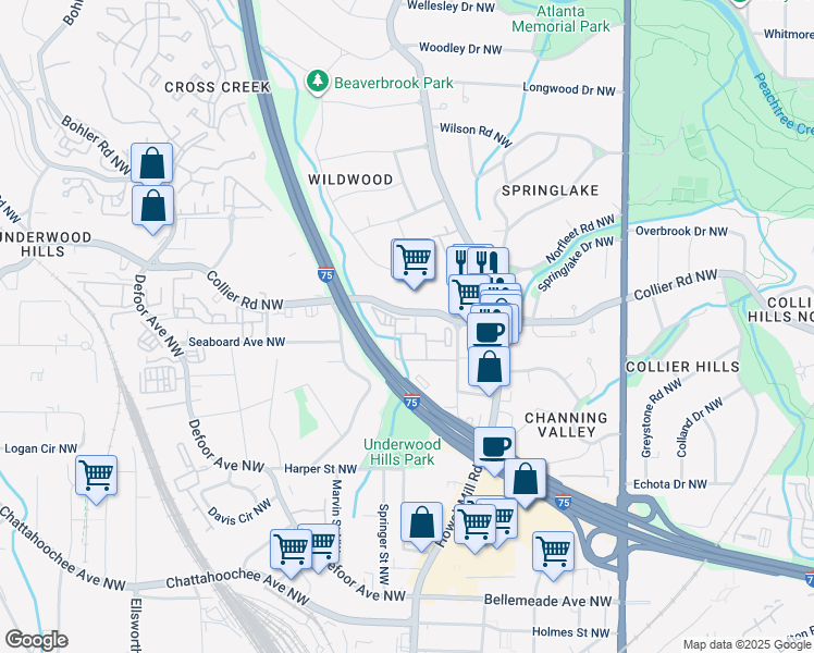 map of restaurants, bars, coffee shops, grocery stores, and more near 914 Collier Road Northwest in Atlanta