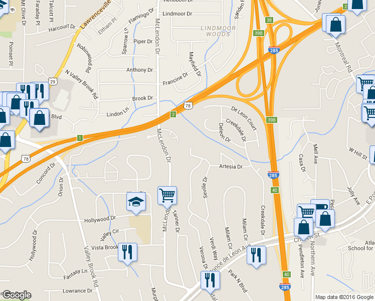 map of restaurants, bars, coffee shops, grocery stores, and more near 1094 Seville Drive in Clarkston