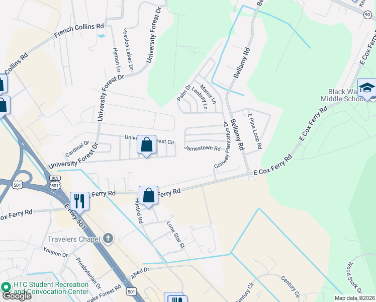 map of restaurants, bars, coffee shops, grocery stores, and more near 996 Chasewood Lane in Conway
