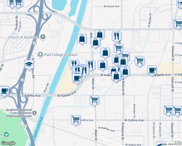map of restaurants, bars, coffee shops, grocery stores, and more near 1411 West Katella Avenue in Orange