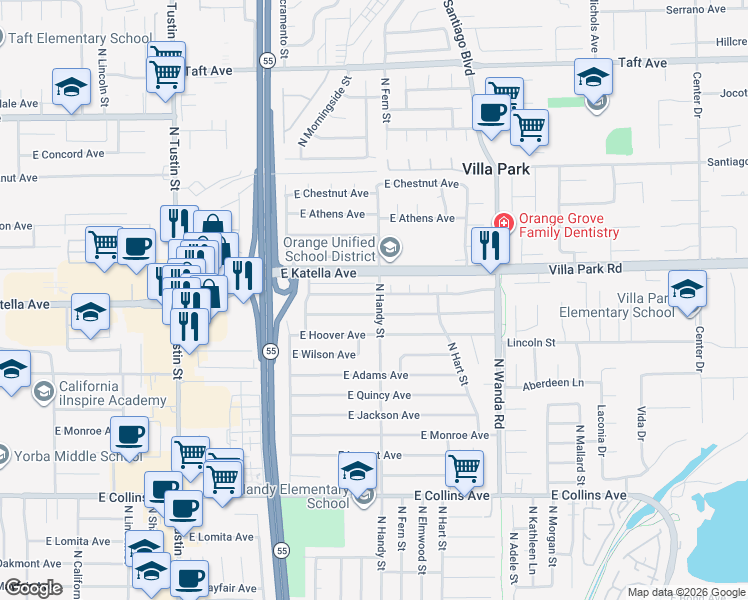 map of restaurants, bars, coffee shops, grocery stores, and more near 2438 East Garfield Avenue in Orange