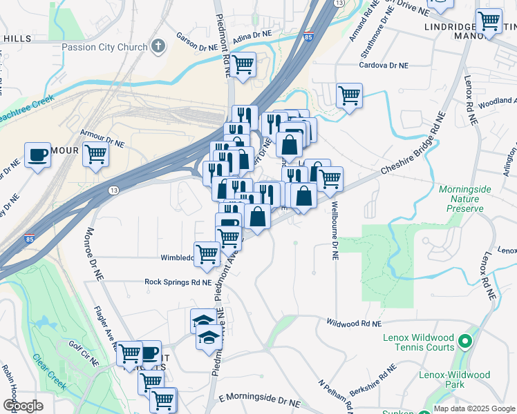 map of restaurants, bars, coffee shops, grocery stores, and more near 2021 Rockledge Road Northeast in Atlanta