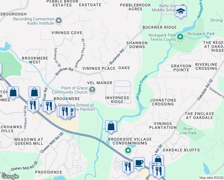 map of restaurants, bars, coffee shops, grocery stores, and more near 1303 Invermere Drive Southeast in Mableton