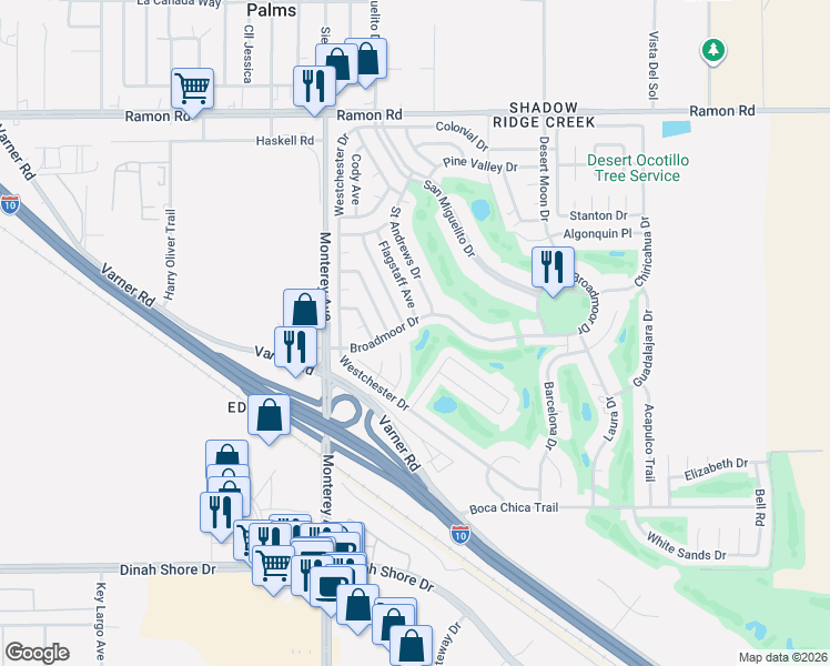 map of restaurants, bars, coffee shops, grocery stores, and more near 32910 Southern Hills Avenue in Thousand Palms