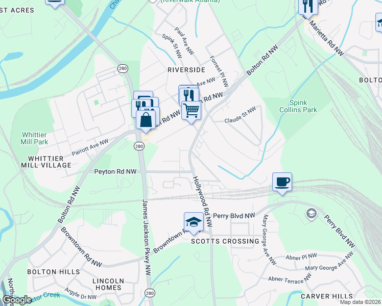 map of restaurants, bars, coffee shops, grocery stores, and more near 1988 Hollywood Road Northwest in Atlanta