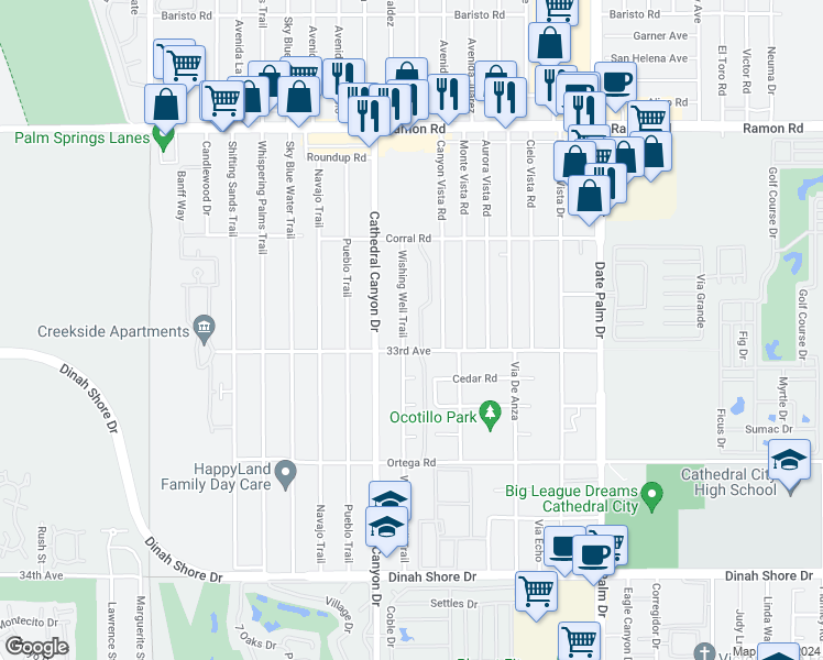 map of restaurants, bars, coffee shops, grocery stores, and more near 32940 Wishing Well Trail in Cathedral City