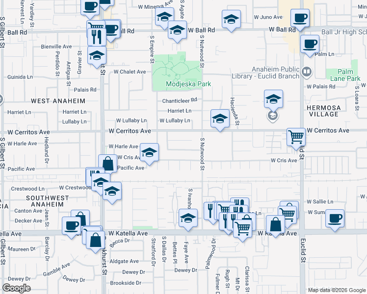 map of restaurants, bars, coffee shops, grocery stores, and more near 1931 West Sloop Avenue in Anaheim