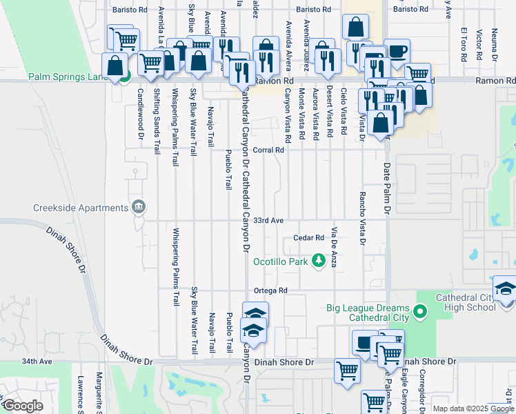 map of restaurants, bars, coffee shops, grocery stores, and more near 32855 Wishing Well Trail in Cathedral City