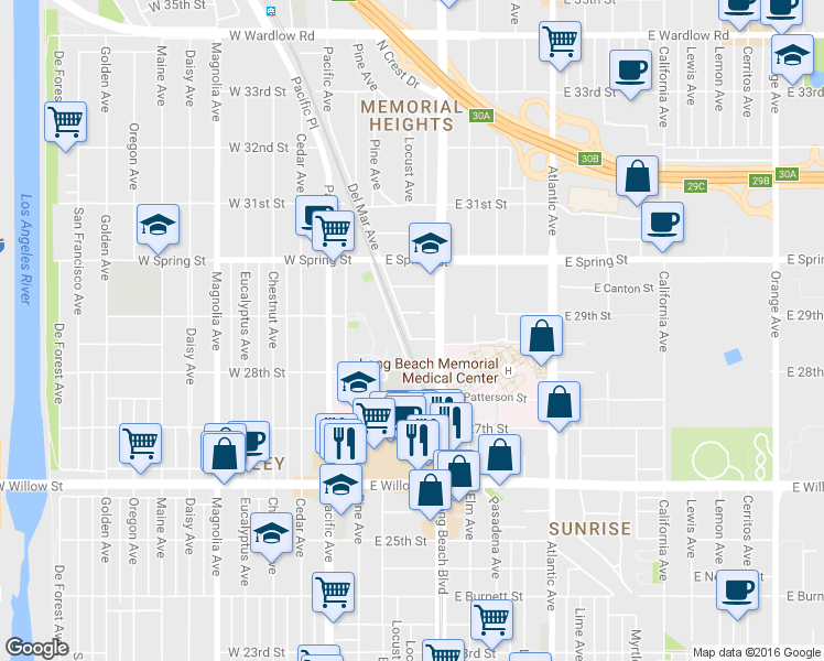 map of restaurants, bars, coffee shops, grocery stores, and more near 201 East Columbia Street in Long Beach