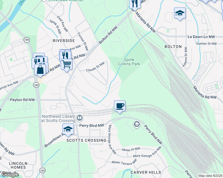 map of restaurants, bars, coffee shops, grocery stores, and more near 1937 Brantley Walk Lane in Atlanta