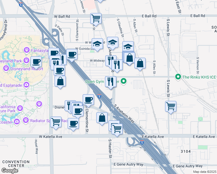 map of restaurants, bars, coffee shops, grocery stores, and more near 1723 West Cara Drive in Anaheim