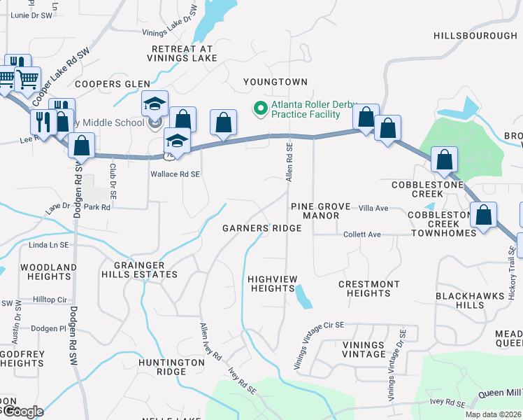 map of restaurants, bars, coffee shops, grocery stores, and more near Allen Rd SE & Edwards Dr SE in Mableton