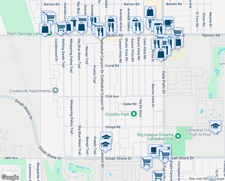 map of restaurants, bars, coffee shops, grocery stores, and more near 32855 Wishing Well Trail in Cathedral City