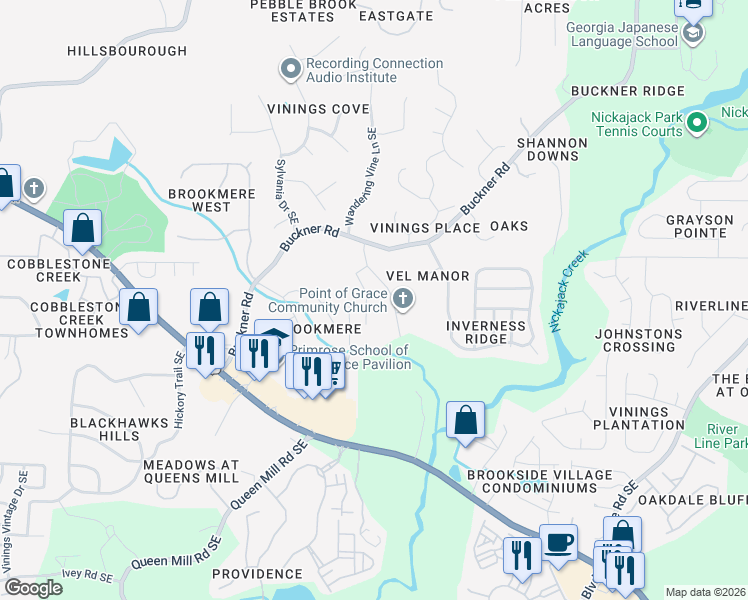 map of restaurants, bars, coffee shops, grocery stores, and more near 1004 Highland Village Trail in Mableton