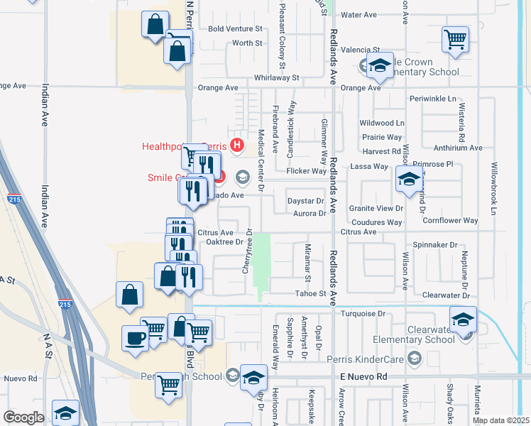 map of restaurants, bars, coffee shops, grocery stores, and more near 2059 Medical Center Drive in Perris