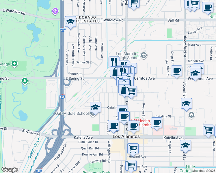 map of restaurants, bars, coffee shops, grocery stores, and more near 10548 Acorn Place in Los Alamitos