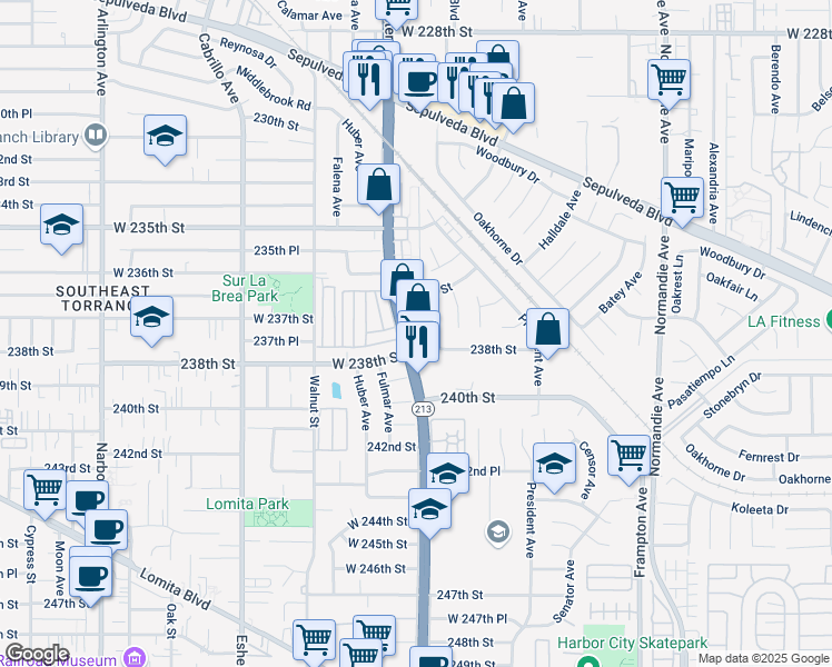 map of restaurants, bars, coffee shops, grocery stores, and more near 23714 California 213 in Los Angeles