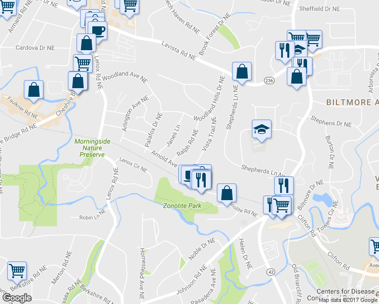 map of restaurants, bars, coffee shops, grocery stores, and more near 1077 Ralph Road Northeast in Atlanta