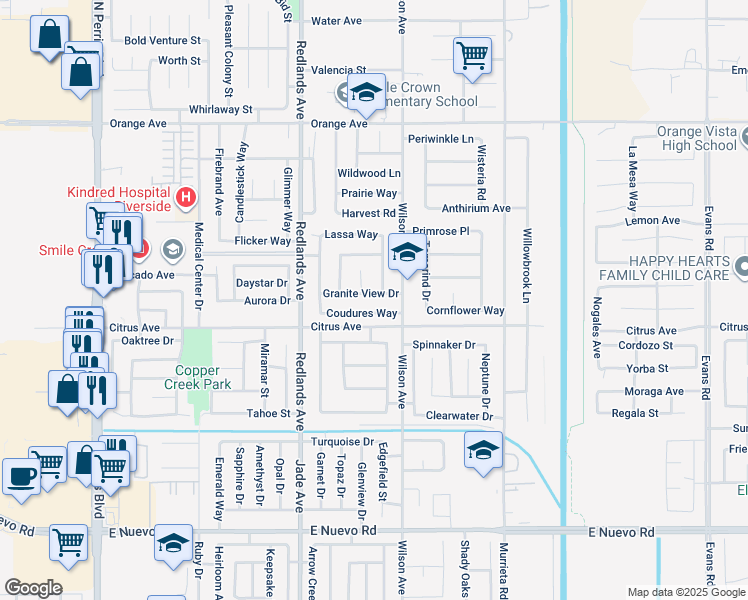 map of restaurants, bars, coffee shops, grocery stores, and more near 527 Granite View Drive in Perris