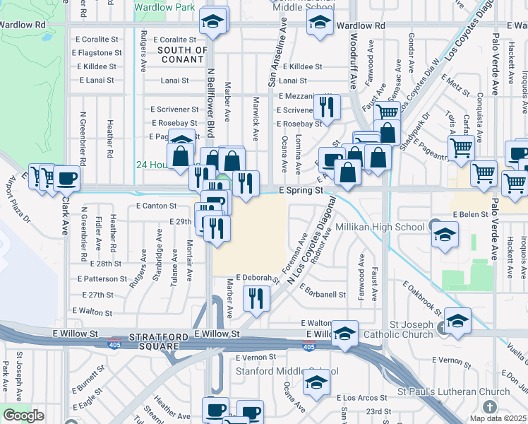 map of restaurants, bars, coffee shops, grocery stores, and more near 2900 North Bellflower Boulevard in Long Beach