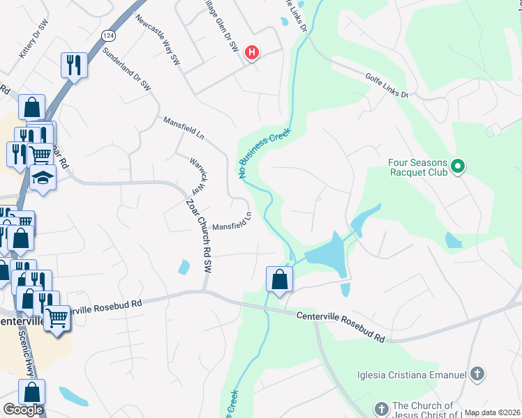 map of restaurants, bars, coffee shops, grocery stores, and more near 3538 Mansfield Lane in Snellville