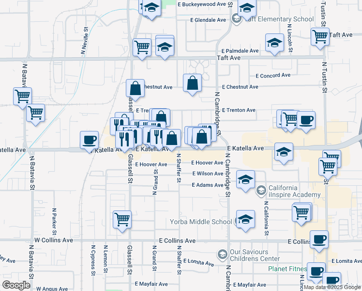 map of restaurants, bars, coffee shops, grocery stores, and more near 1300 North Shaffer Street in Orange