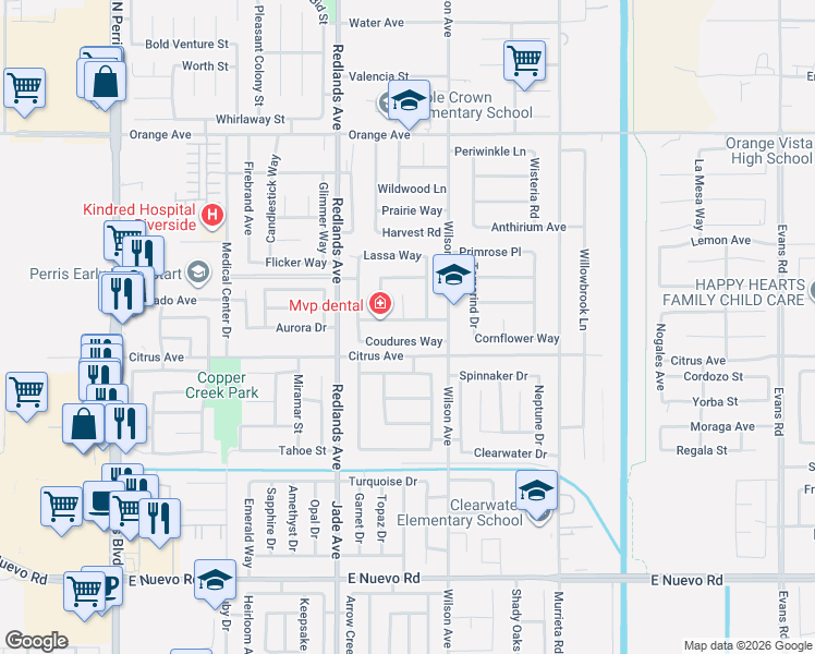 map of restaurants, bars, coffee shops, grocery stores, and more near 509 Granite View Drive in Perris
