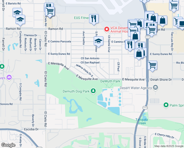 map of restaurants, bars, coffee shops, grocery stores, and more near 915 South Paseo Dorotea in Palm Springs