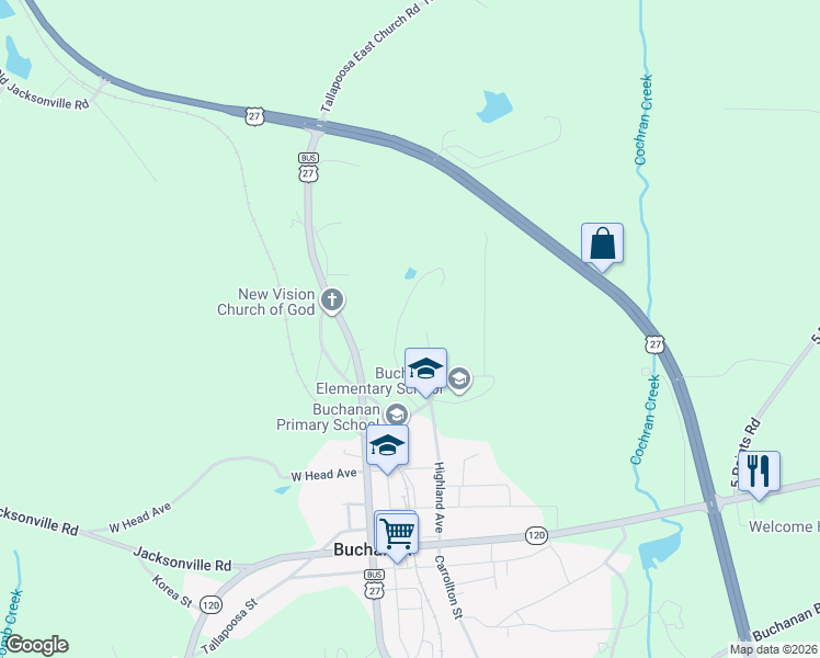 map of restaurants, bars, coffee shops, grocery stores, and more near 105 3rd Avenue in Buchanan