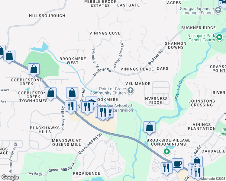 map of restaurants, bars, coffee shops, grocery stores, and more near 6102 Brookmere Place Southeast in Mableton